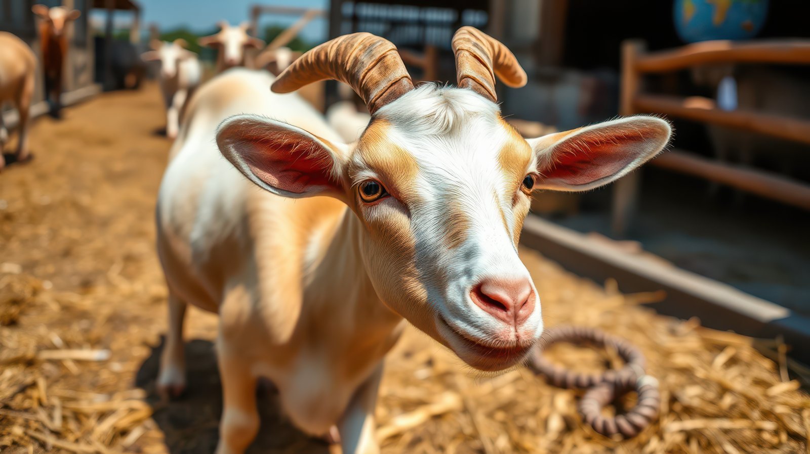 Goat standing in a barnyard with straw on the ground during sunny daytime